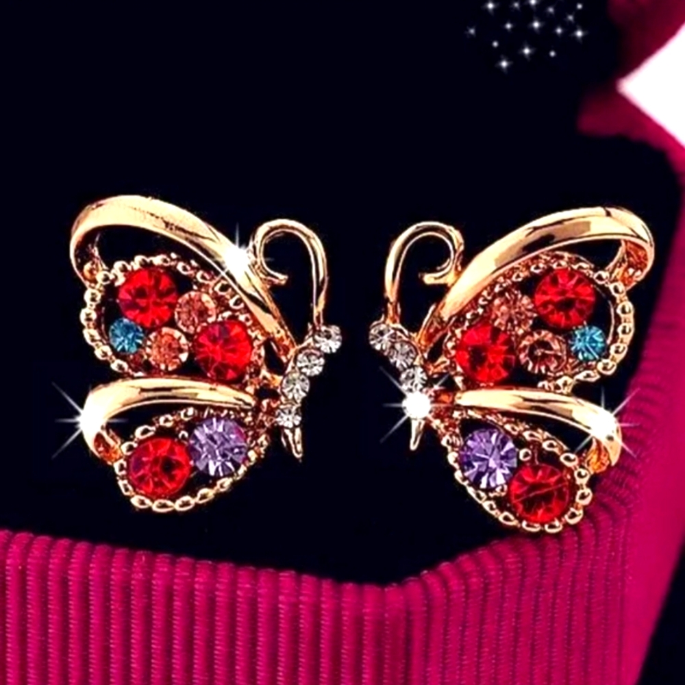 Gold Butterfly Earrings Colorful Gemstones